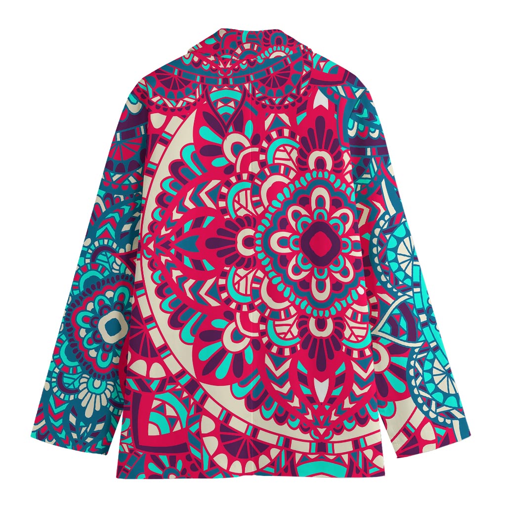 Pink Teal Bohemian Mandala Pattern Print Women's Cotton Blazer