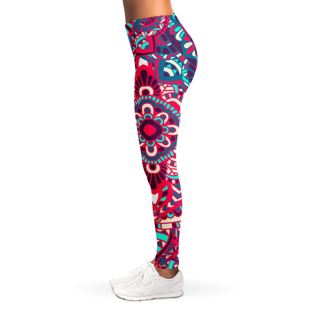 Pink Teal Bohemian Mandala Pattern Print Women's Leggings