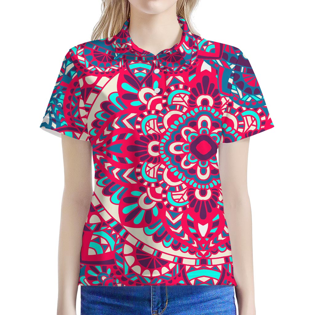 Pink Teal Bohemian Mandala Pattern Print Women's Polo Shirt