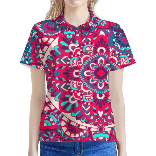 Pink Teal Bohemian Mandala Pattern Print Women's Polo Shirt