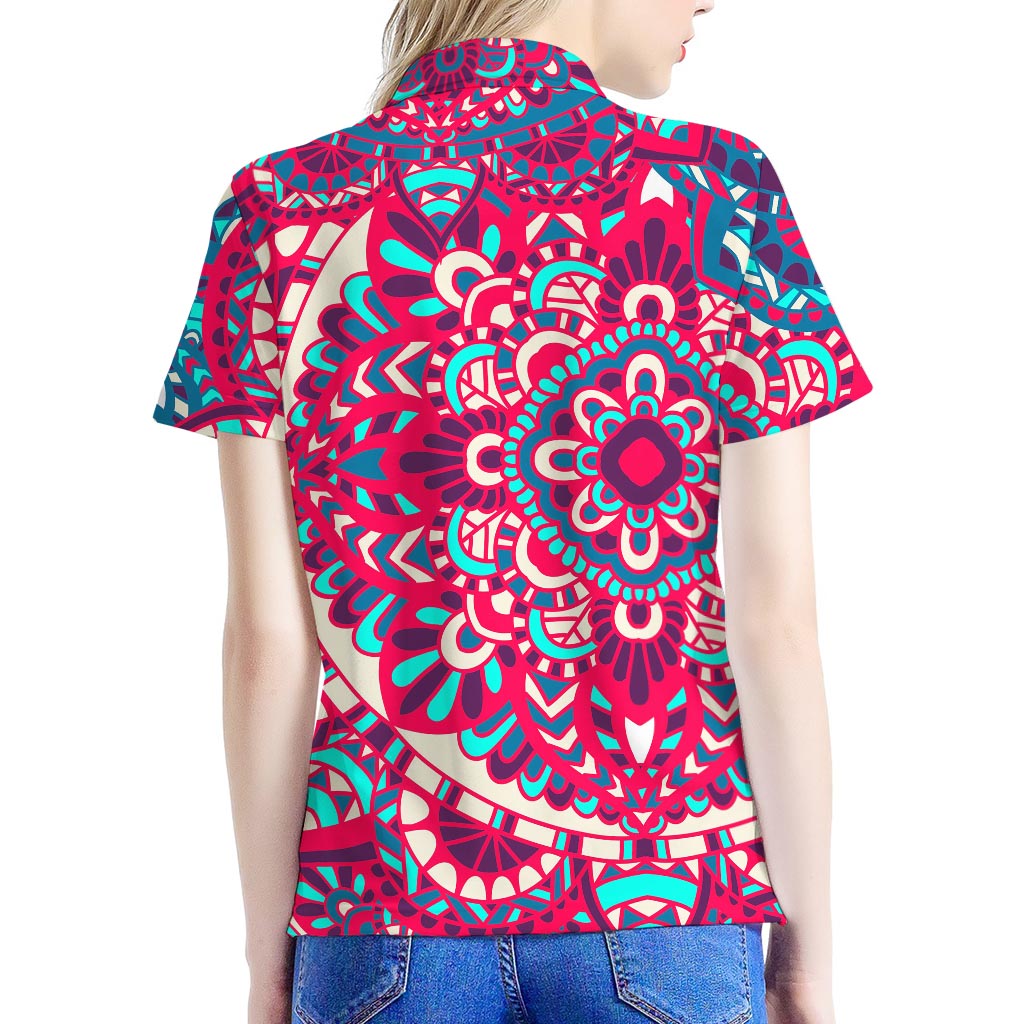 Pink Teal Bohemian Mandala Pattern Print Women's Polo Shirt