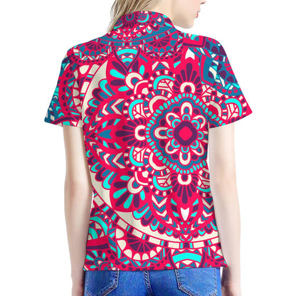 Pink Teal Bohemian Mandala Pattern Print Women's Polo Shirt