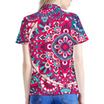 Pink Teal Bohemian Mandala Pattern Print Women's Polo Shirt