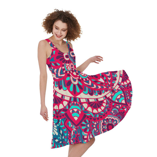 Pink Teal Bohemian Mandala Pattern Print Women's Sleeveless Dress