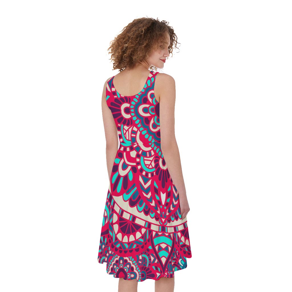 Pink Teal Bohemian Mandala Pattern Print Women's Sleeveless Dress