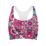 Pink Teal Bohemian Mandala Pattern Print Women's Sports Bra
