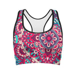 Pink Teal Bohemian Mandala Pattern Print Women's Sports Bra