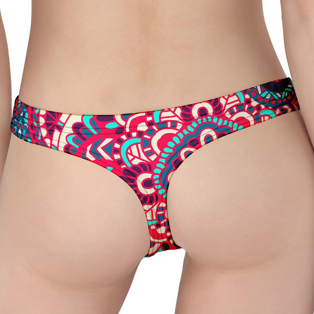 Pink Teal Bohemian Mandala Pattern Print Women's Thong