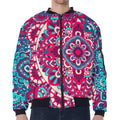 Pink Teal Bohemian Mandala Pattern Print Zip Sleeve Bomber Jacket