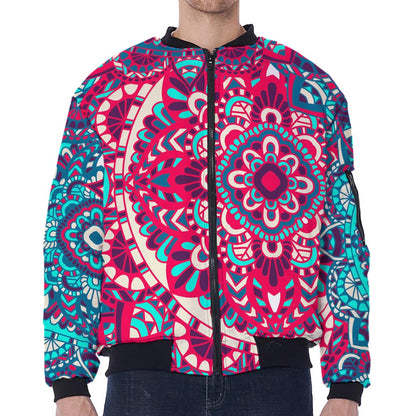 Pink Teal Bohemian Mandala Pattern Print Zip Sleeve Bomber Jacket