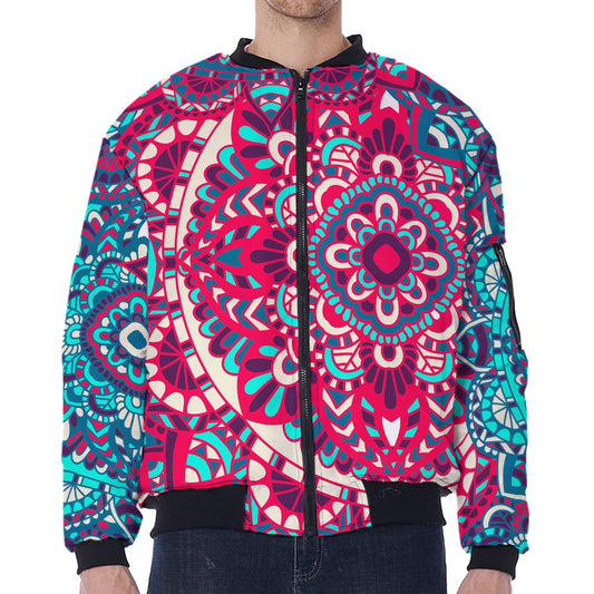 Pink Teal Bohemian Mandala Pattern Print Zip Sleeve Bomber Jacket