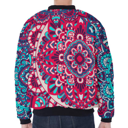 Pink Teal Bohemian Mandala Pattern Print Zip Sleeve Bomber Jacket