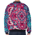Pink Teal Bohemian Mandala Pattern Print Zip Sleeve Bomber Jacket