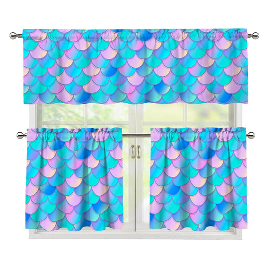 Pink Teal Mermaid Scales Pattern Print 3 Piece Kitchen Curtains