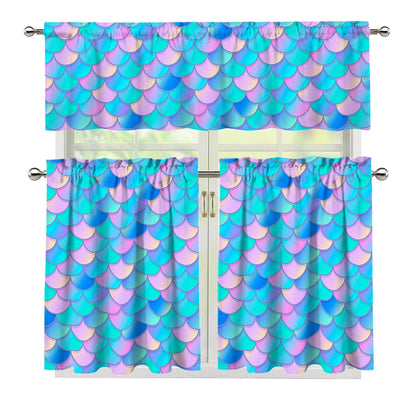 Pink Teal Mermaid Scales Pattern Print 3 Piece Kitchen Curtains
