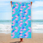 Pink Teal Mermaid Scales Pattern Print Beach Towel