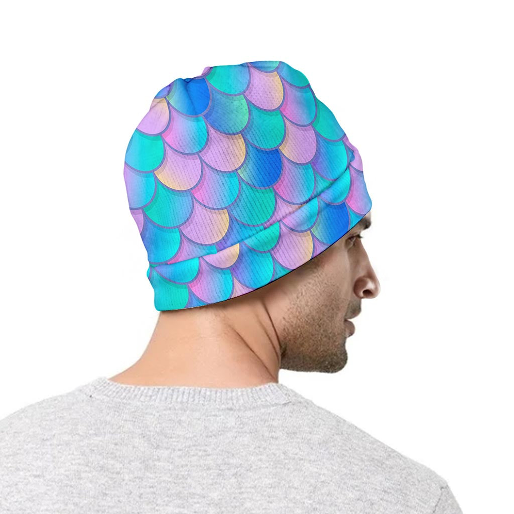 Pink Teal Mermaid Scales Pattern Print Beanie