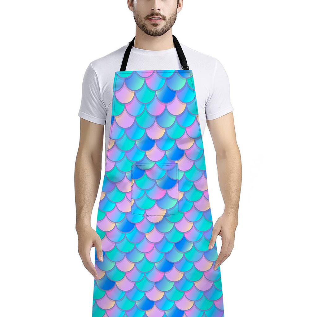 Pink Teal Mermaid Scales Pattern Print Bib Apron With Pocket