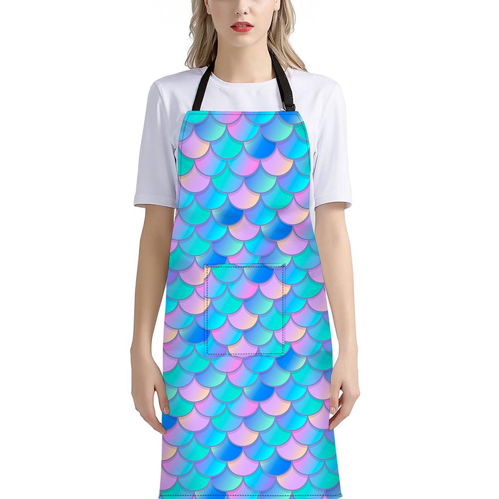 Pink Teal Mermaid Scales Pattern Print Bib Apron With Pocket