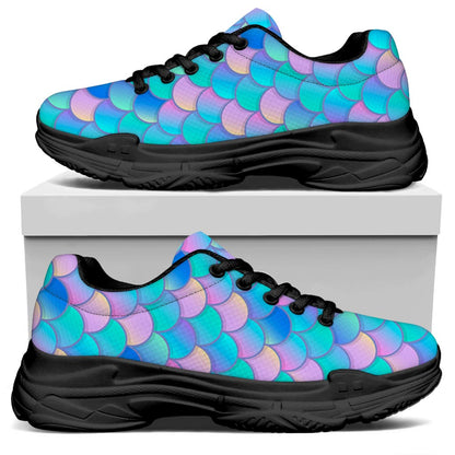 Pink Teal Mermaid Scales Pattern Print Black Chunky Shoes