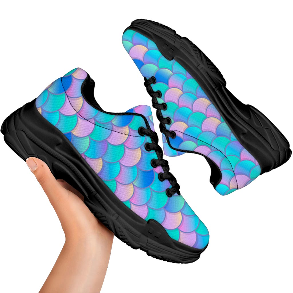 Pink Teal Mermaid Scales Pattern Print Black Chunky Shoes