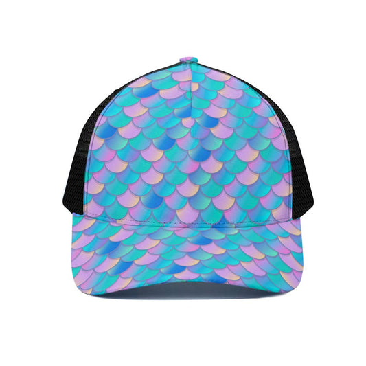Pink Teal Mermaid Scales Pattern Print Black Mesh Trucker Cap