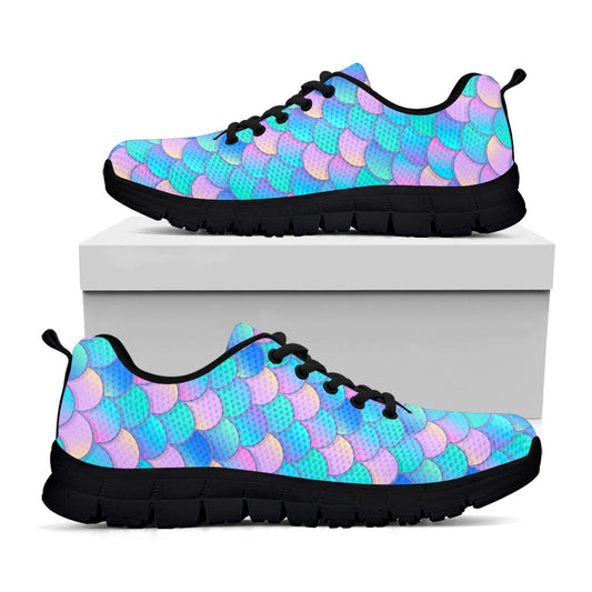 Pink Teal Mermaid Scales Pattern Print Black Running Shoes