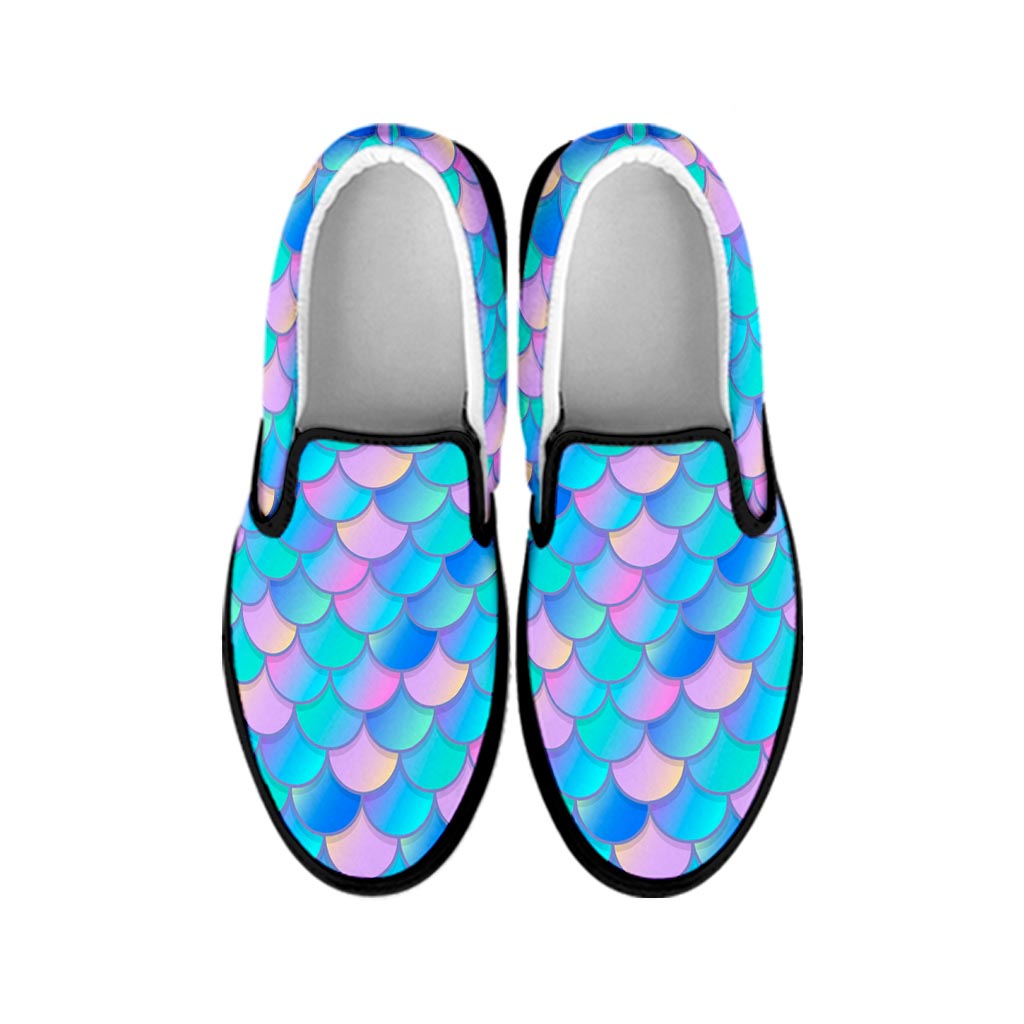 Pink Teal Mermaid Scales Pattern Print Black Slip On Sneakers