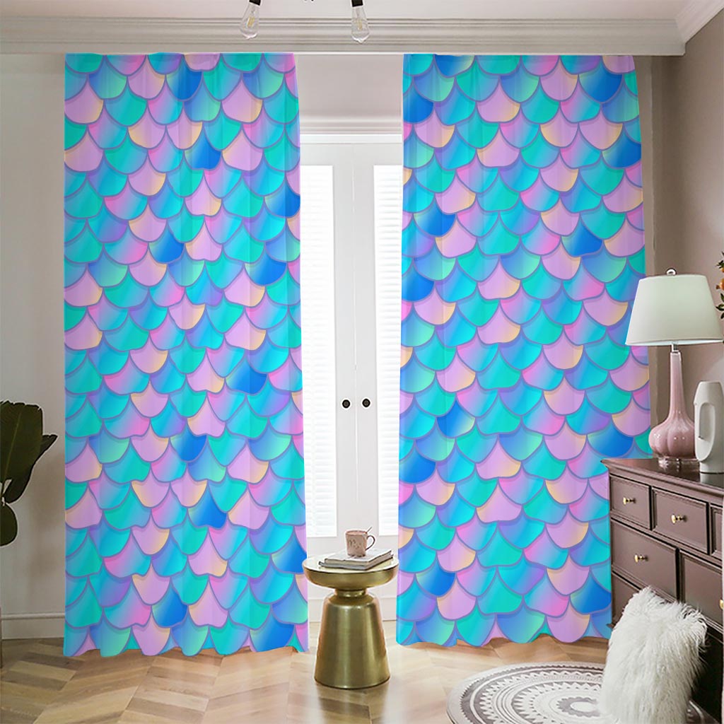 Pink Teal Mermaid Scales Pattern Print Blackout Pencil Pleat Curtains