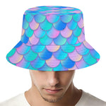 Pink Teal Mermaid Scales Pattern Print Bucket Hat