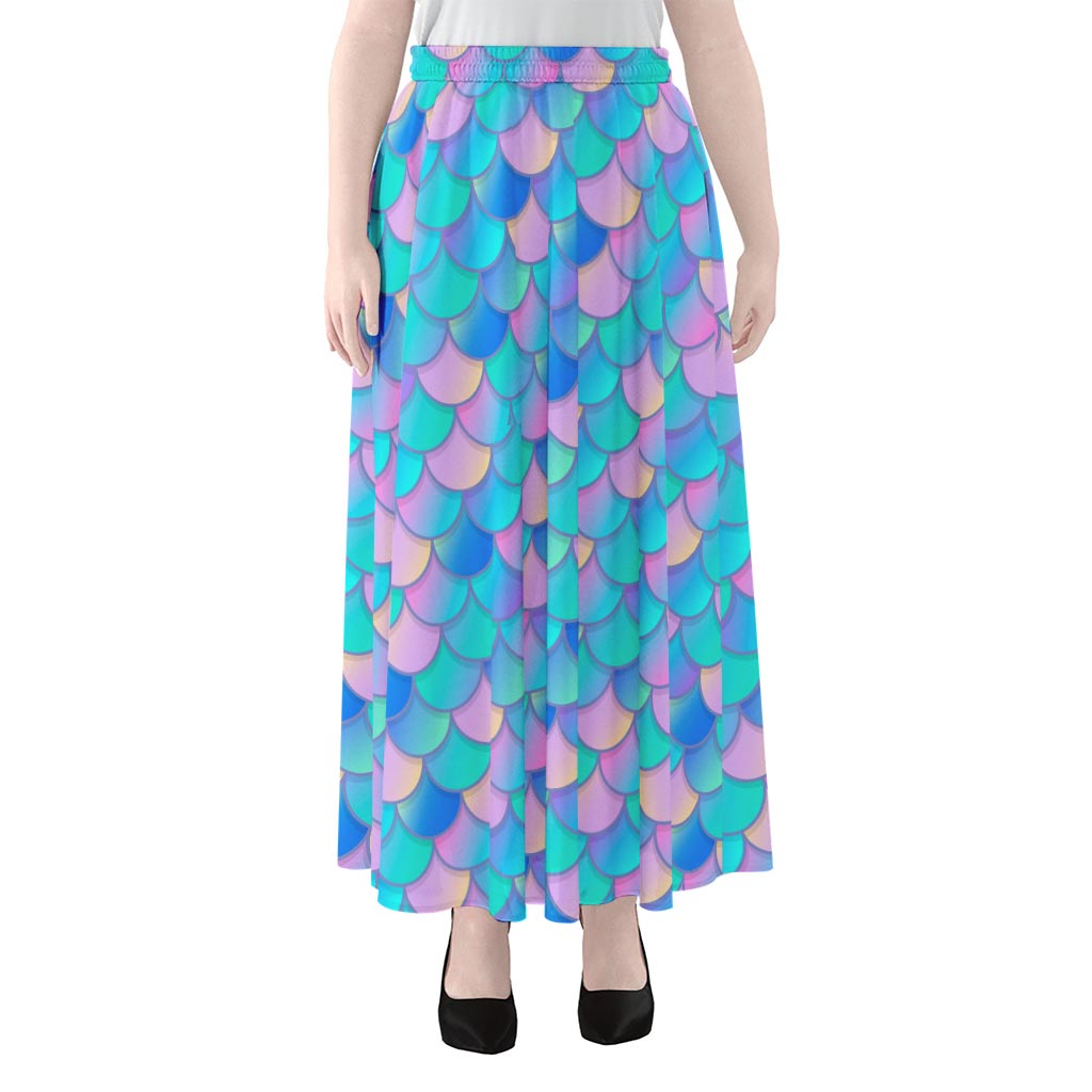 Pink Teal Mermaid Scales Pattern Print Chiffon Maxi Skirt