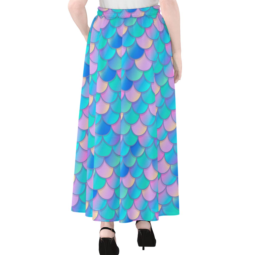 Pink Teal Mermaid Scales Pattern Print Chiffon Maxi Skirt