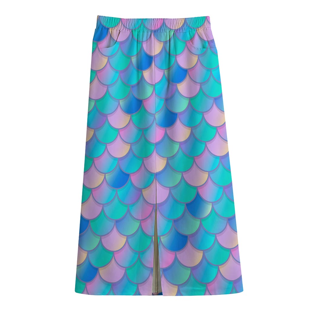 Pink Teal Mermaid Scales Pattern Print Cotton Front Slit Maxi Skirt