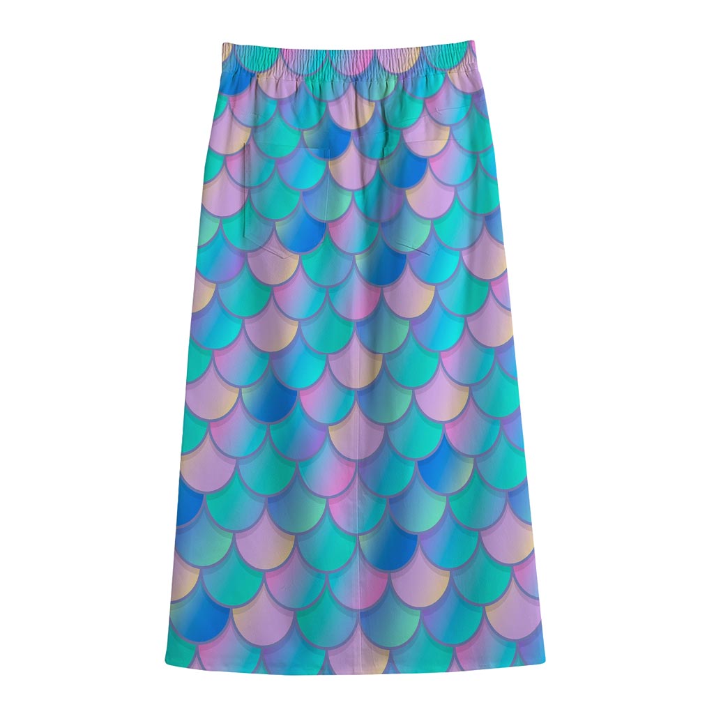 Pink Teal Mermaid Scales Pattern Print Cotton Front Slit Maxi Skirt