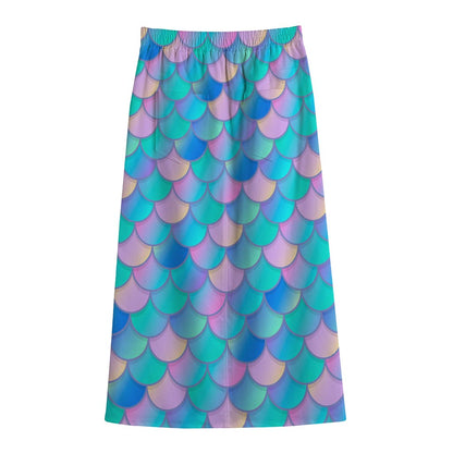Pink Teal Mermaid Scales Pattern Print Cotton Front Slit Maxi Skirt