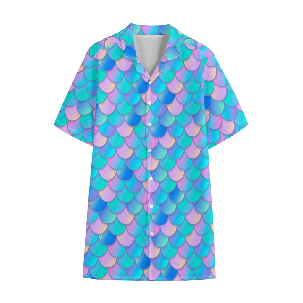 Pink Teal Mermaid Scales Pattern Print Cotton Hawaiian Shirt