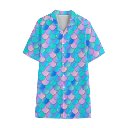 Pink Teal Mermaid Scales Pattern Print Cotton Hawaiian Shirt