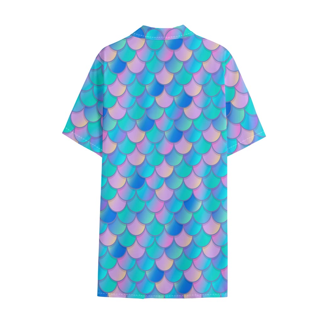 Pink Teal Mermaid Scales Pattern Print Cotton Hawaiian Shirt
