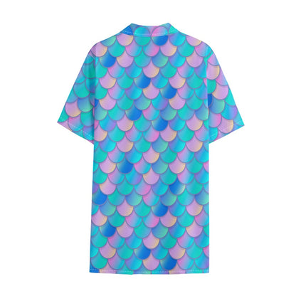 Pink Teal Mermaid Scales Pattern Print Cotton Hawaiian Shirt