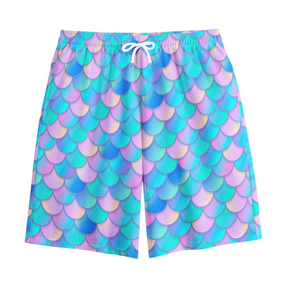 Pink Teal Mermaid Scales Pattern Print Cotton Shorts