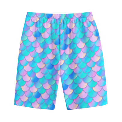Pink Teal Mermaid Scales Pattern Print Cotton Shorts