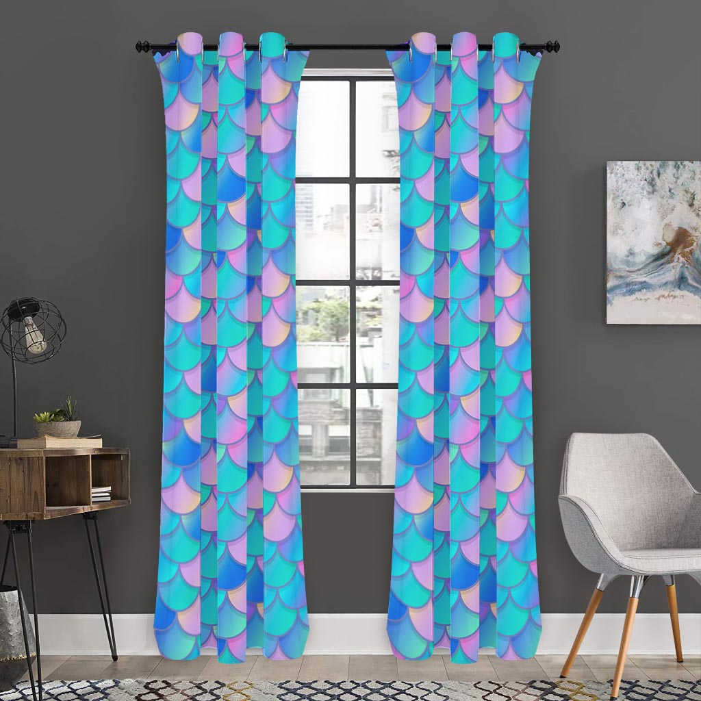 Pink Teal Mermaid Scales Pattern Print Curtain