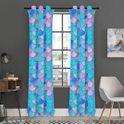 Pink Teal Mermaid Scales Pattern Print Curtain