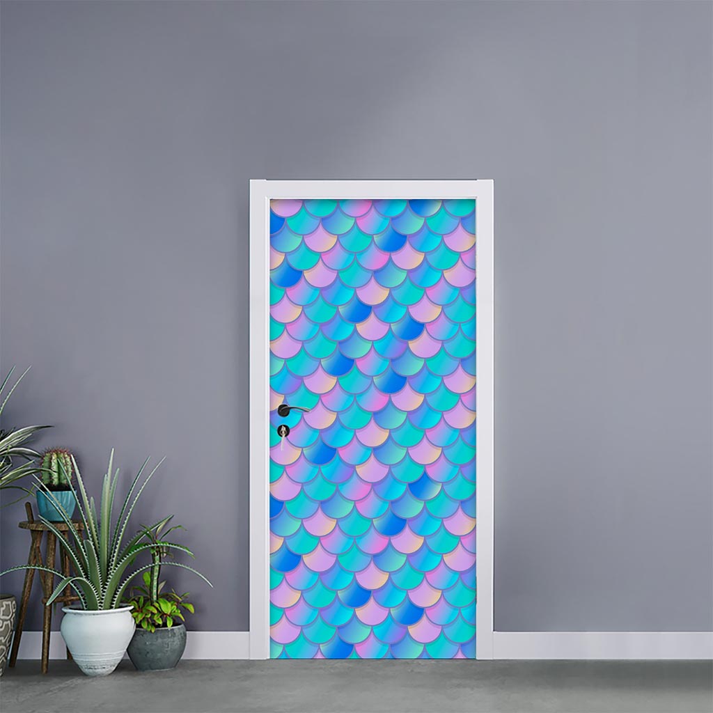 Pink Teal Mermaid Scales Pattern Print Door Sticker