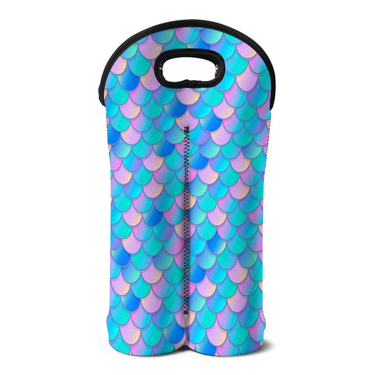 Pink Teal Mermaid Scales Pattern Print Double Neoprene Wine Tote