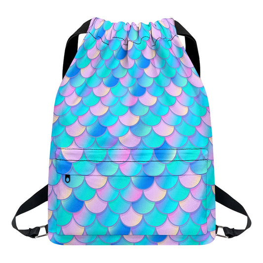 Pink Teal Mermaid Scales Pattern Print Drawstring Backpack
