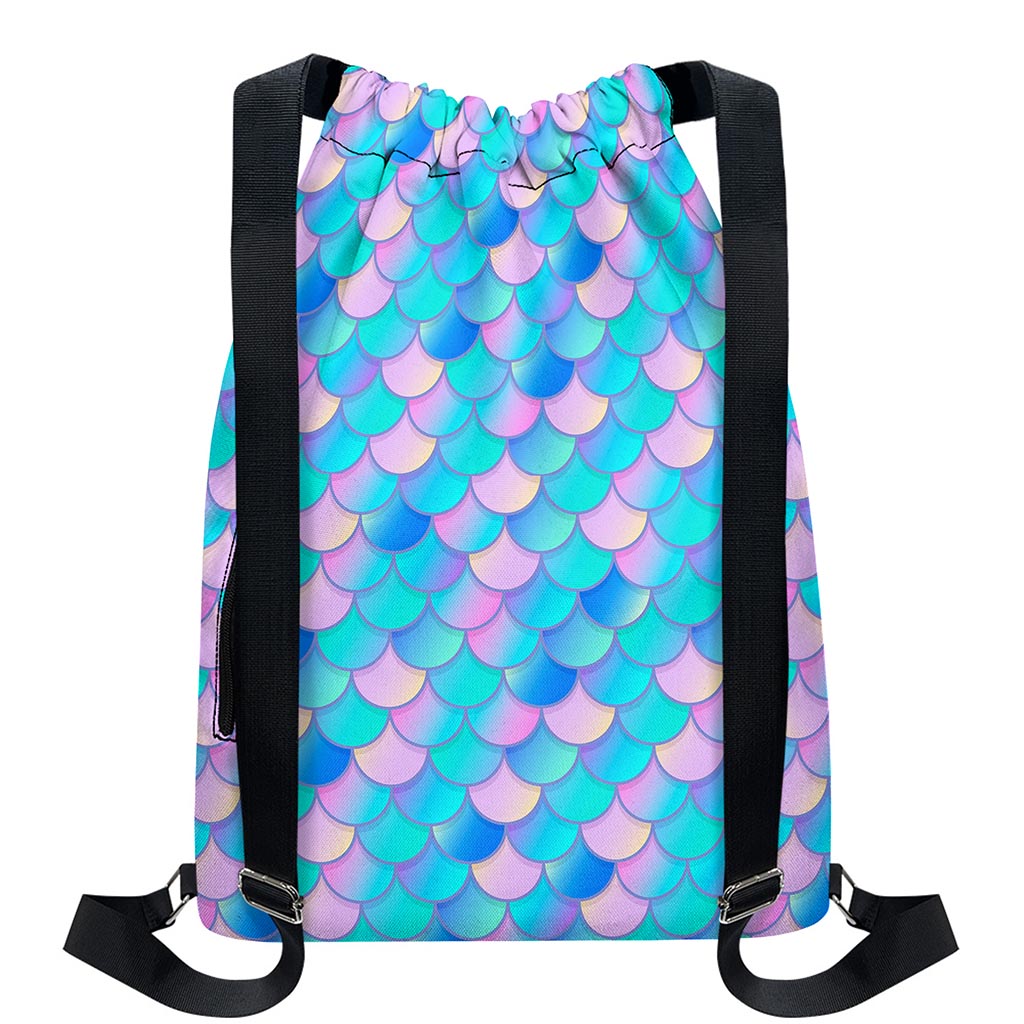 Pink Teal Mermaid Scales Pattern Print Drawstring Backpack