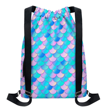 Pink Teal Mermaid Scales Pattern Print Drawstring Backpack