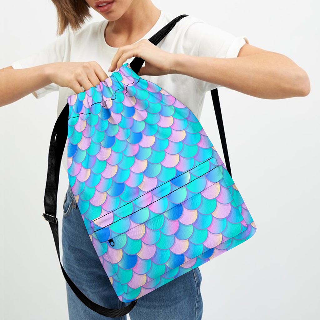 Pink Teal Mermaid Scales Pattern Print Drawstring Backpack