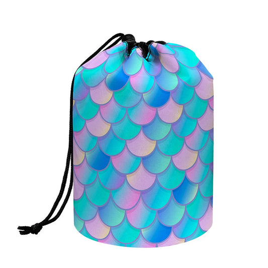 Pink Teal Mermaid Scales Pattern Print Drawstring Makeup Bag